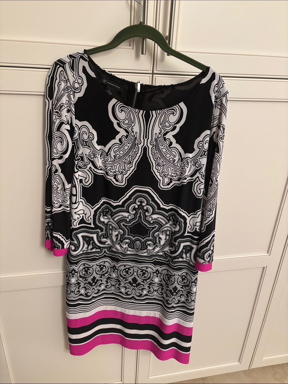 Black & White Patterned Shift Dress with Pink Accents